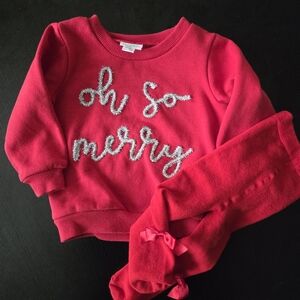 Mud Pie Bright Red Sweater + Tights Set with Glittery Accents